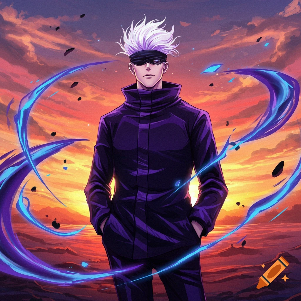 A blindfolded anime man with white spiky hair and a dark purple jacket stands against an orange and purple sunset with blue energy.