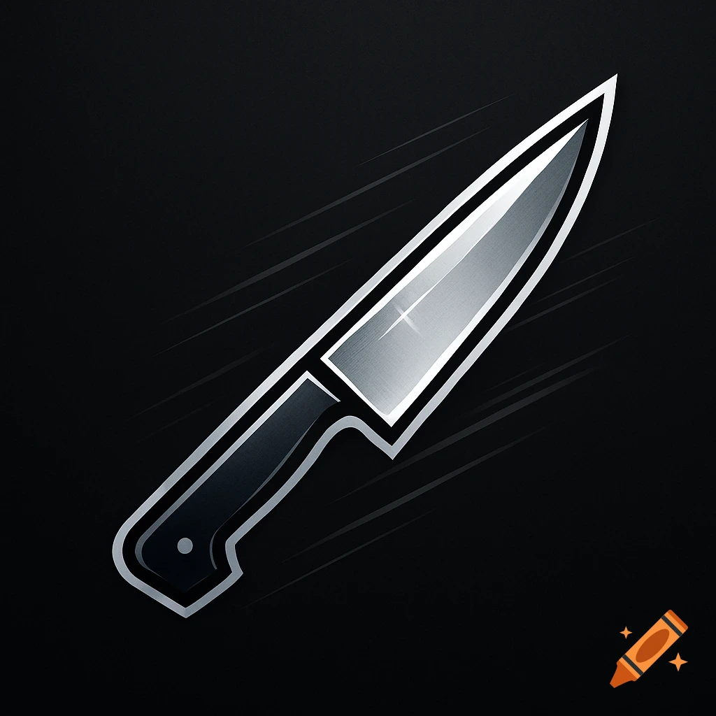 A stylized silver and black chef's knife logo on a dark background with faint diagonal lines.