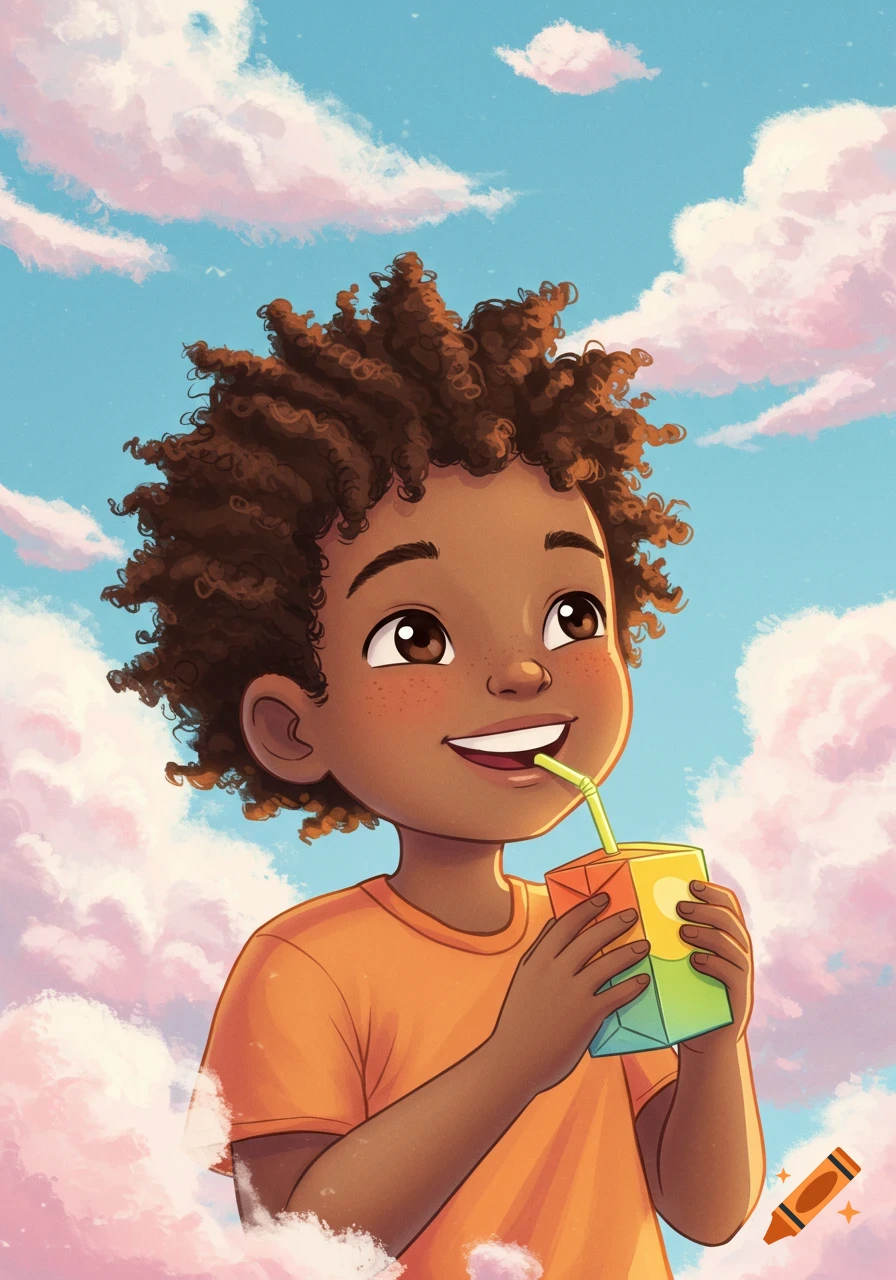 A cheerful young Black boy with curly hair drinks juice from a colorful box, smiling under a cloudy sky in a children's illustration.