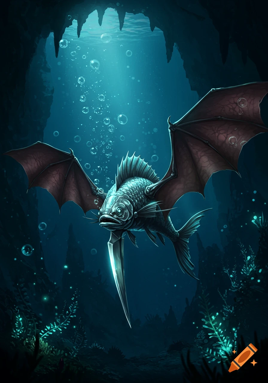 A dark, metallic fish with bat wings and a blade-like body swims upwards in a mysterious underwater cave filled with bubbles and glowing aquatic plants.
