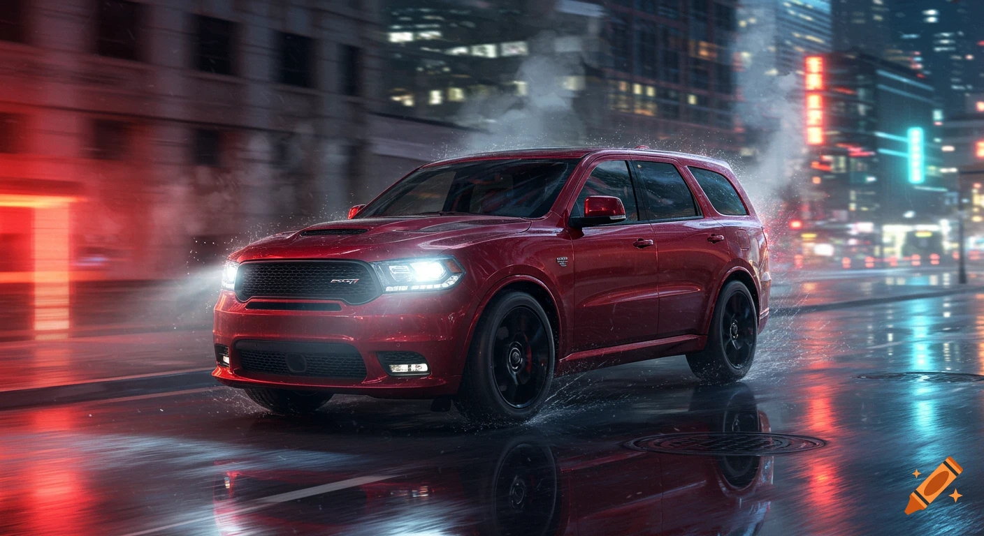 A red Dodge Durango SRT races down a wet city street at night, illuminated by headlights and neon reflections.
