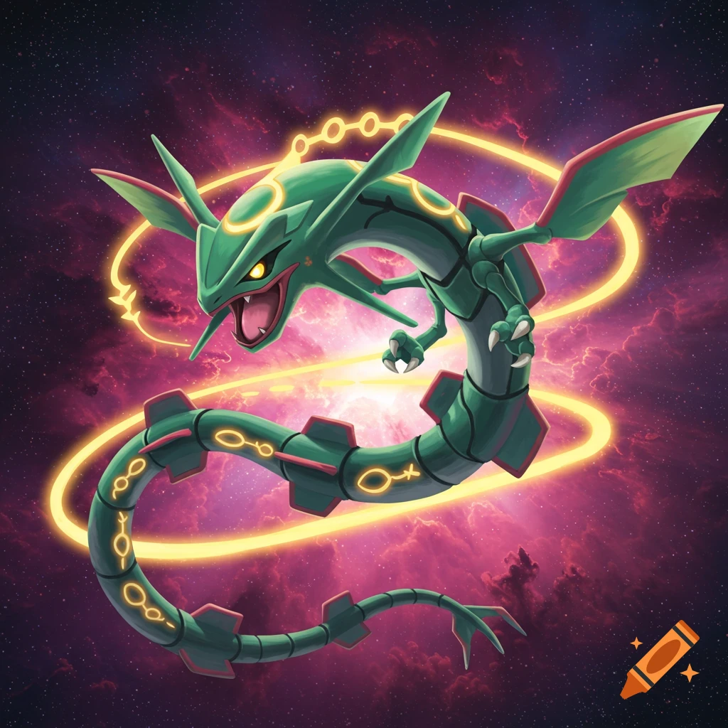 Mega Rayquaza, a green dragon, flies in space surrounded by golden rings and a purple nebula.