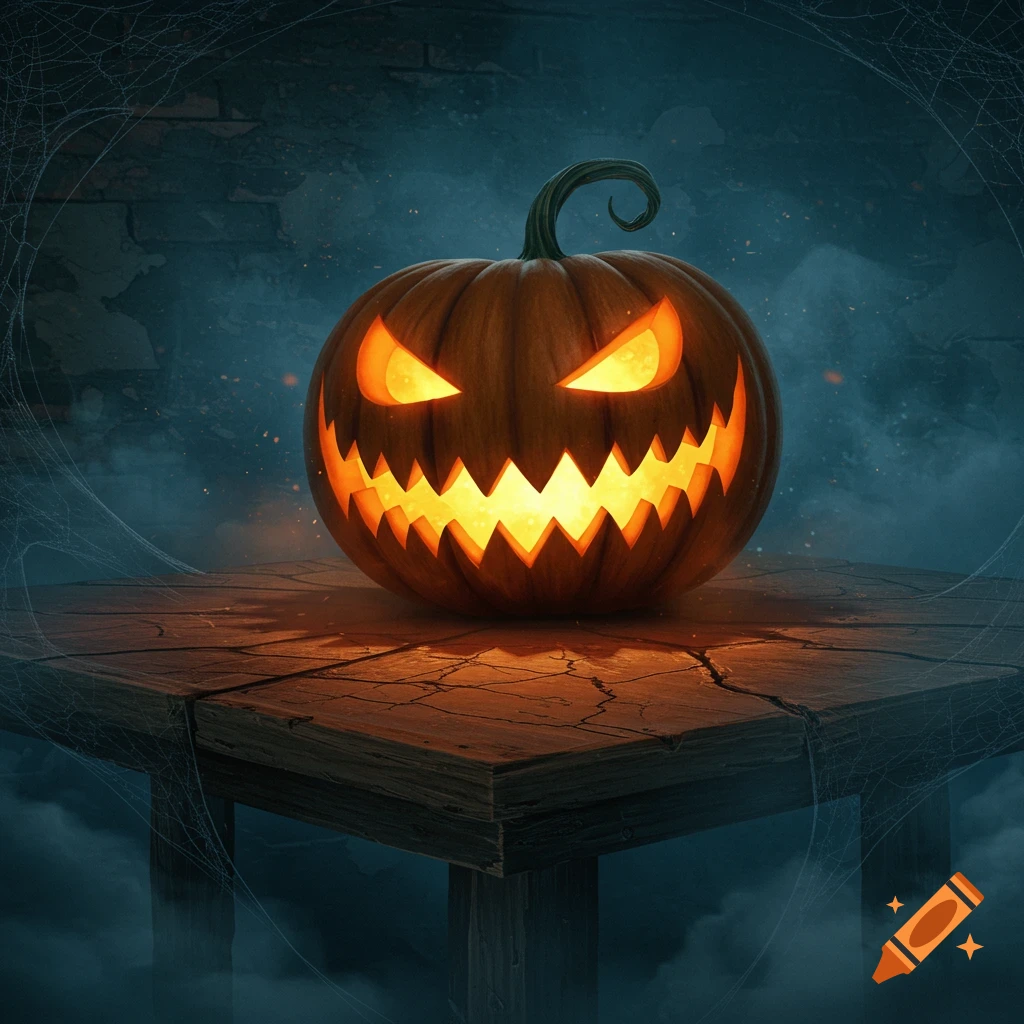 A glowing, carved Halloween pumpkin with jagged teeth and fiery eyes sits on a cracked wooden table, surrounded by smoke and spiderwebs.