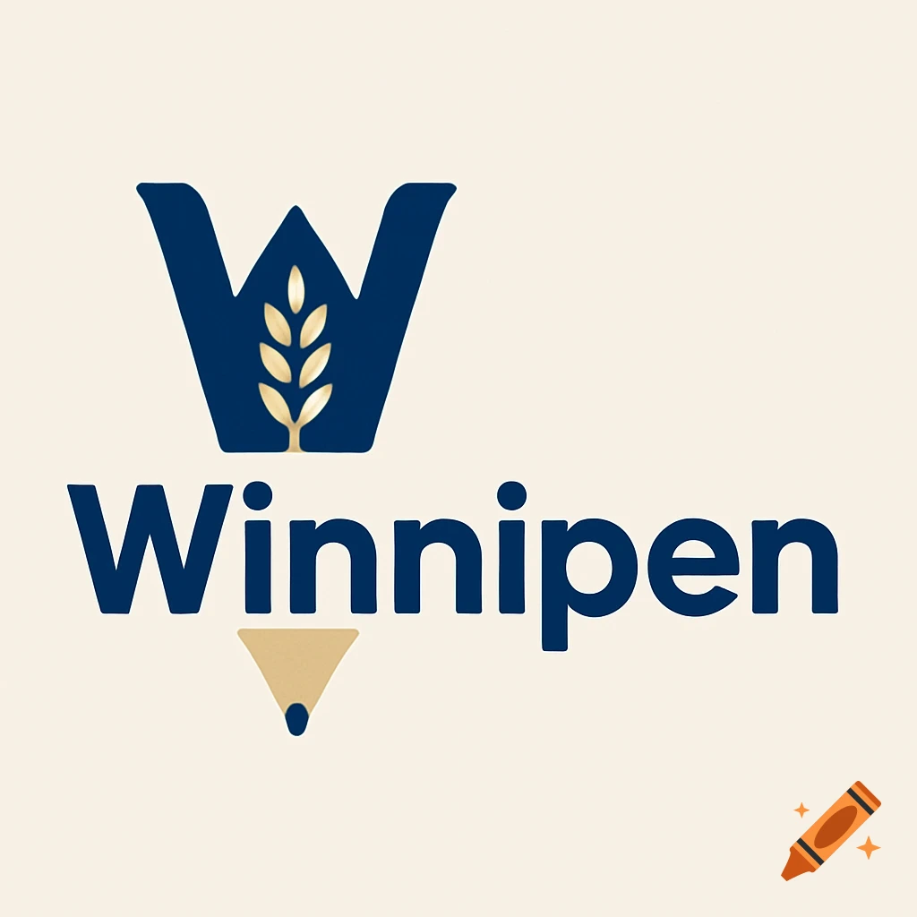 A minimalist logo for Winnipen, featuring a dark blue W with a golden wheat stalk, and a golden inverted triangle pen nib below.
