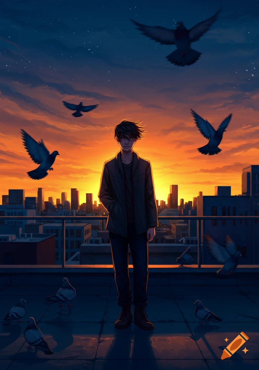 A young man stands on a rooftop at sunset, surrounded by pigeons, with a city skyline in the background, in an anime style.