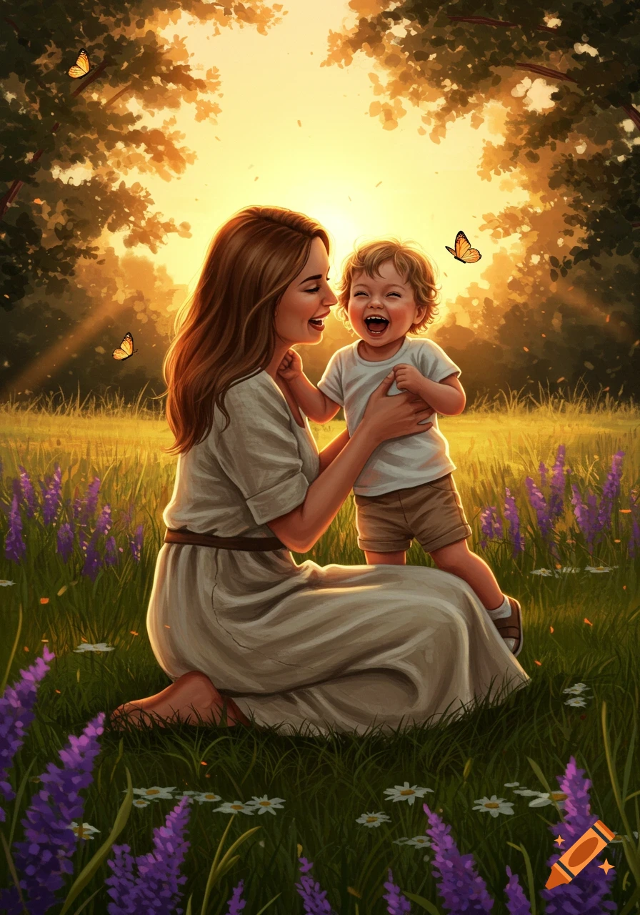 A mother kneels in a sunlit field, joyfully holding her laughing toddler, surrounded by purple flowers and butterflies at sunset.