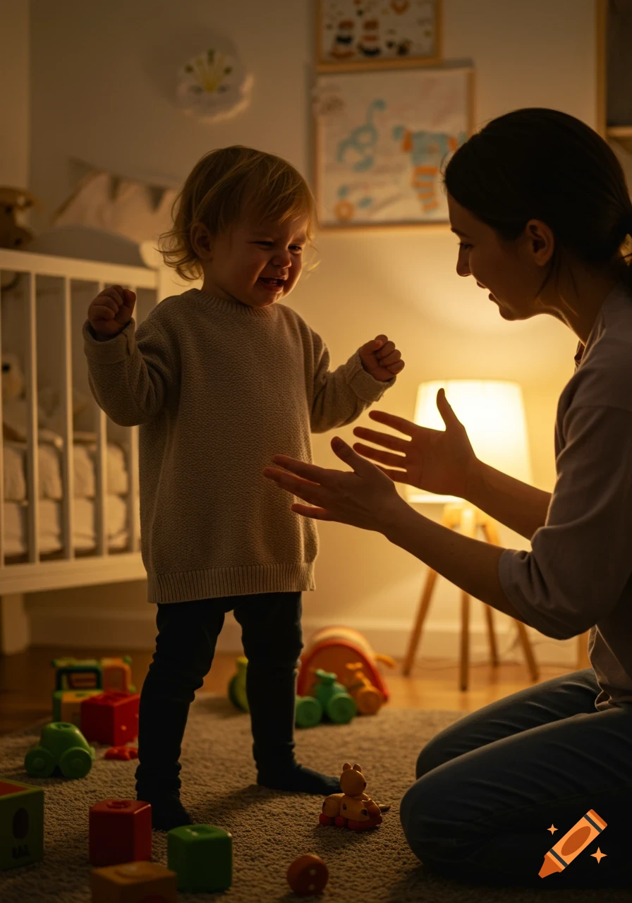 A mother kneels, looking at her crying toddler who stands in a dim, toy-filled bedroom, photorealistic style.