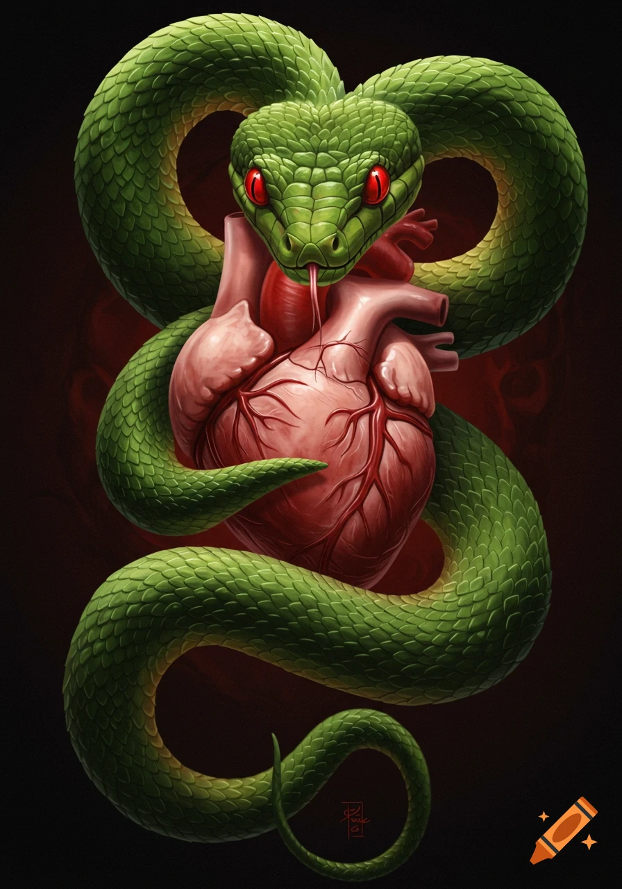 A vibrant green snake with angry red eyes wraps around a realistic human heart against a dark background.