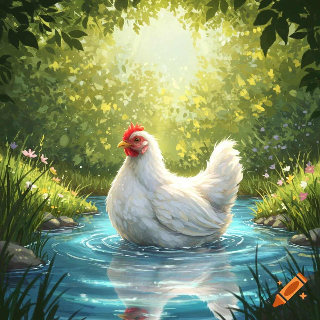 White chicken standing in a bright blue pond surrounded by green foliage, sunlight filtering through leaves, digital art.