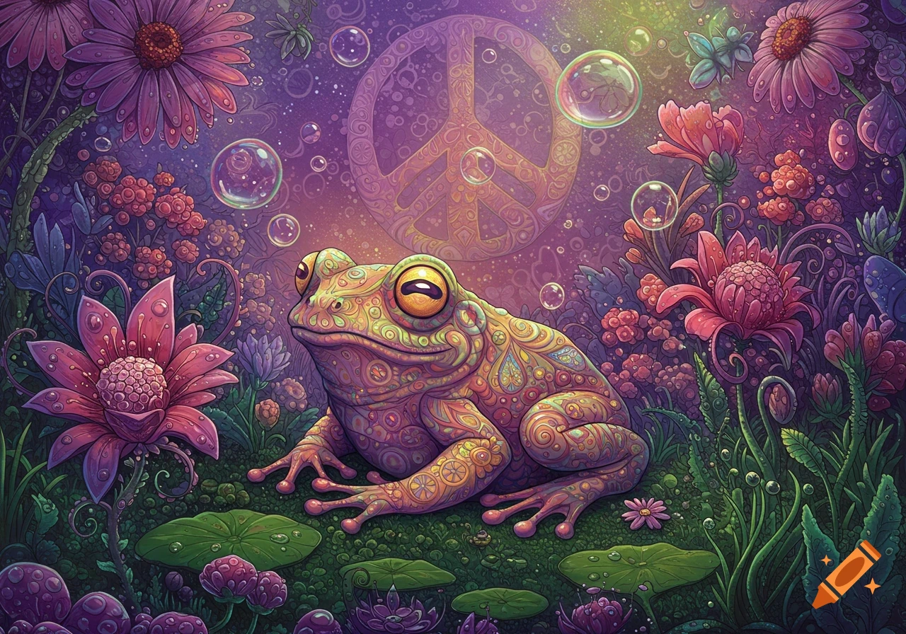 A psychedelic, intricately patterned frog sits amidst vibrant flowers, bubbles, and a peace sign in a whimsical, colorful style.