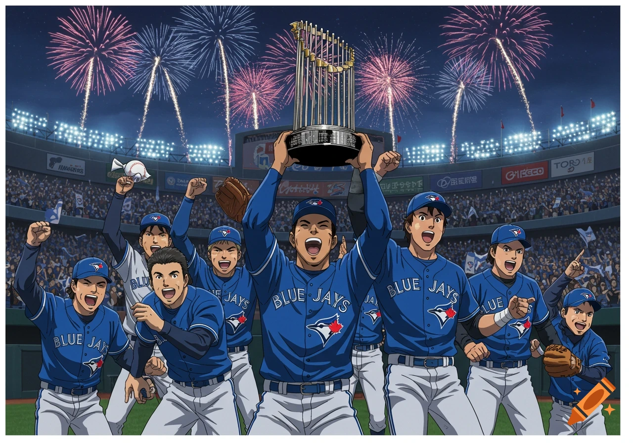 Anime depiction of Toronto Blue Jays players celebrating winning the World Series, lifting the trophy in a stadium with fireworks.