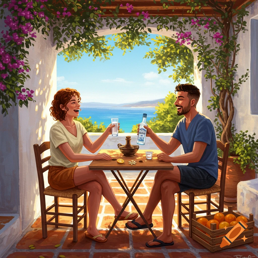 A man and woman in an illustrative style, sitting at a table on a sunlit terrace overlooking the sea, toasting with glasses of Ouzo.