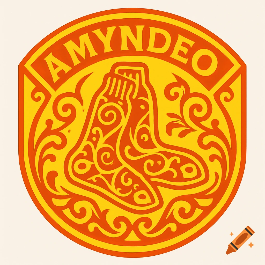 Orange and yellow logo with 'AMYNDEO' at the top, featuring two stylized, ornate socks in a circular emblem.