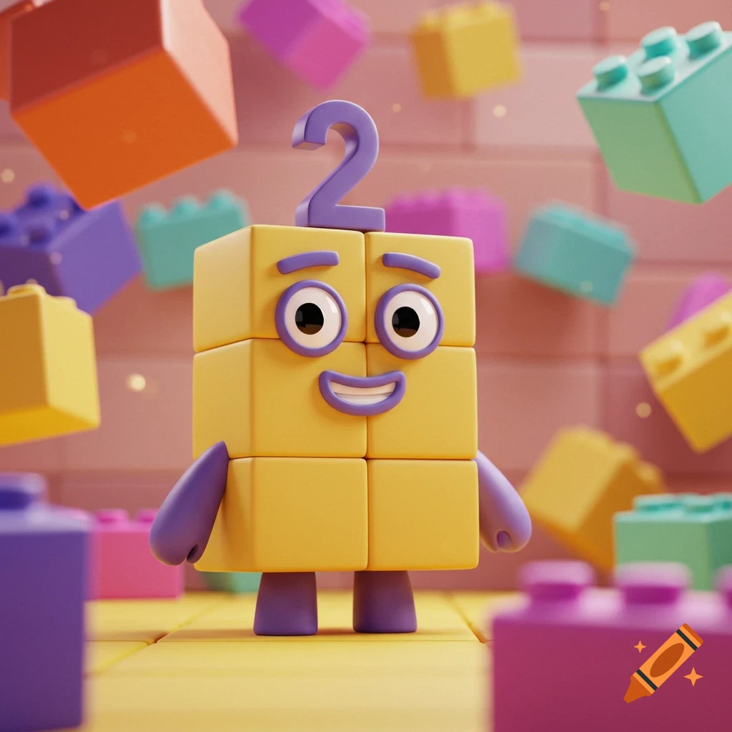 A cheerful yellow block character with a purple number two on its head, standing amidst colorful building blocks.