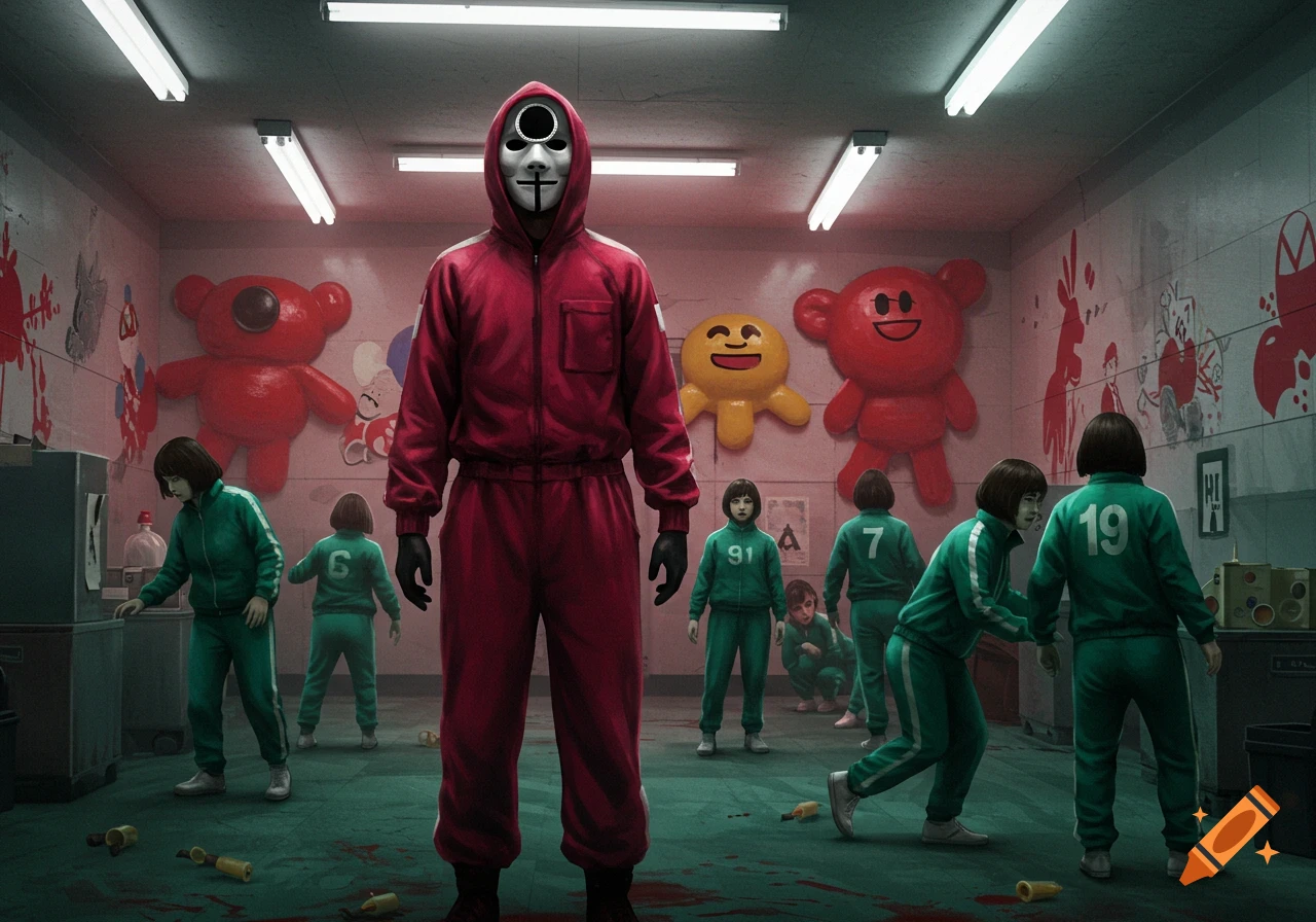 A masked red-suited figure stands amidst green-suited players in a blood-splattered room, in the style of Squid Game.