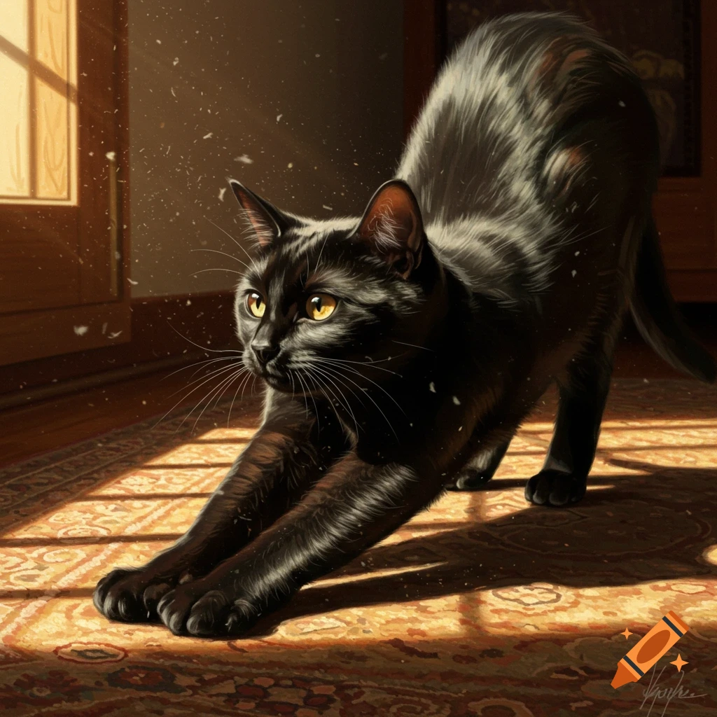 A photorealistic painting of a black cat stretching on a patterned rug in a sunlit room, with dust motes visible.