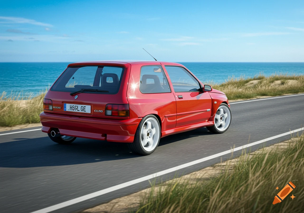 A red hatchback with white rims drives on a coastal road next to the blue ocean under a clear sky.