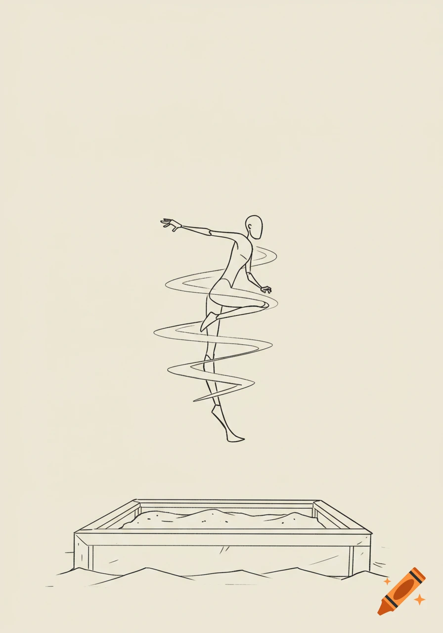 A minimalist line art drawing of a stylized figure jumping into a sandbox, surrounded by a swirling line.