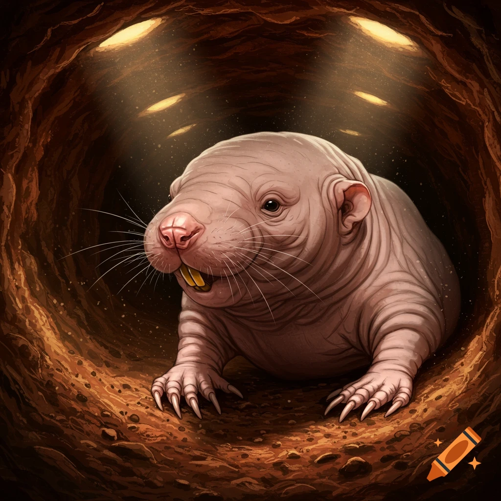 An illustration of a naked mole-rat with prominent front teeth, emerging from a dark, earthy burrow under soft light.