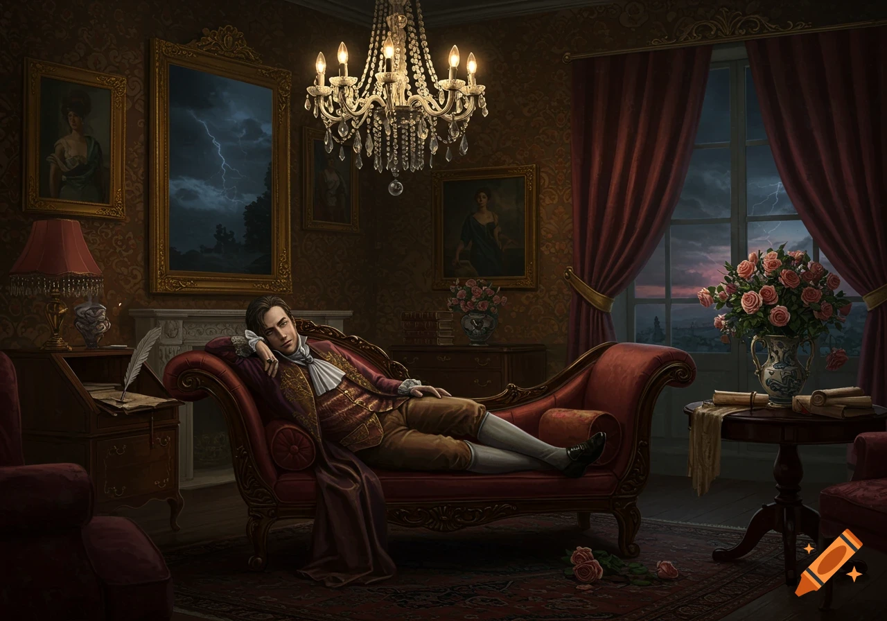 Man in period attire reclines on a red chaise lounge in an opulent, dimly lit room with a stormy sky outside, detailed illustration.