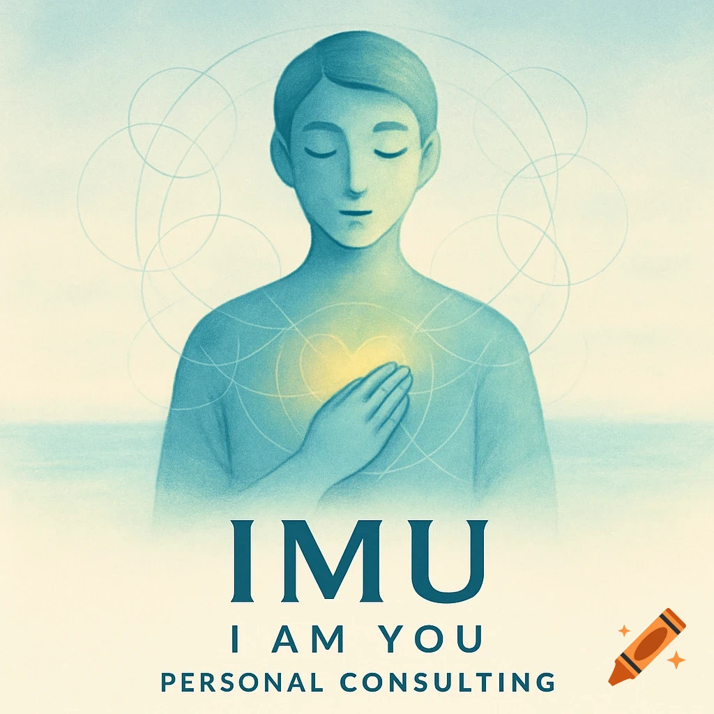 Stylized illustration of a person meditating, hands over a glowing heart on a light blue background, with 'IMU I AM YOU PERSONAL CONSULTING' text.