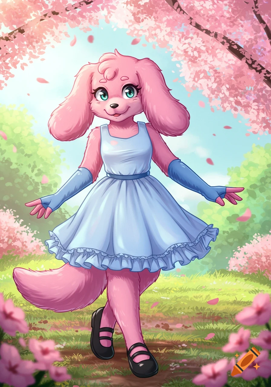 An anime-style pink furry dog with floppy ears, wearing a light blue dress and blue fingerless gloves, walks through a park with pink cherry blossoms.
