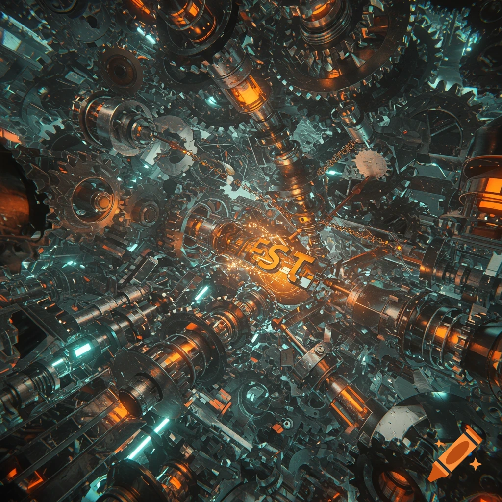 An intricate, close-up view of metallic gears, pipes, and mechanical components glowing with orange and teal light, with the word "TEST" prominent in the center.