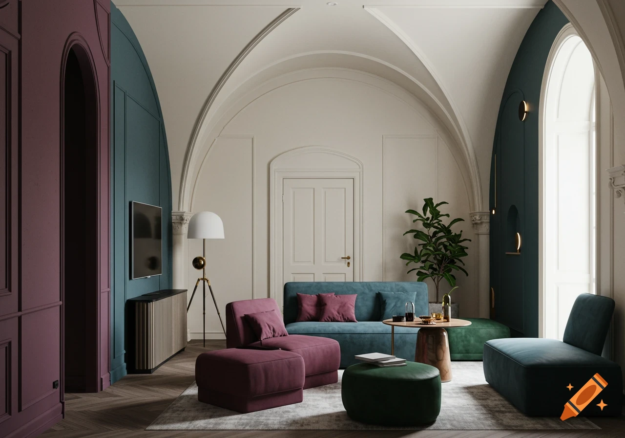 A stylish living room featuring vaulted ceilings, a teal sofa, maroon armchairs, and dark green ottoman with a blend of classic and modern design.