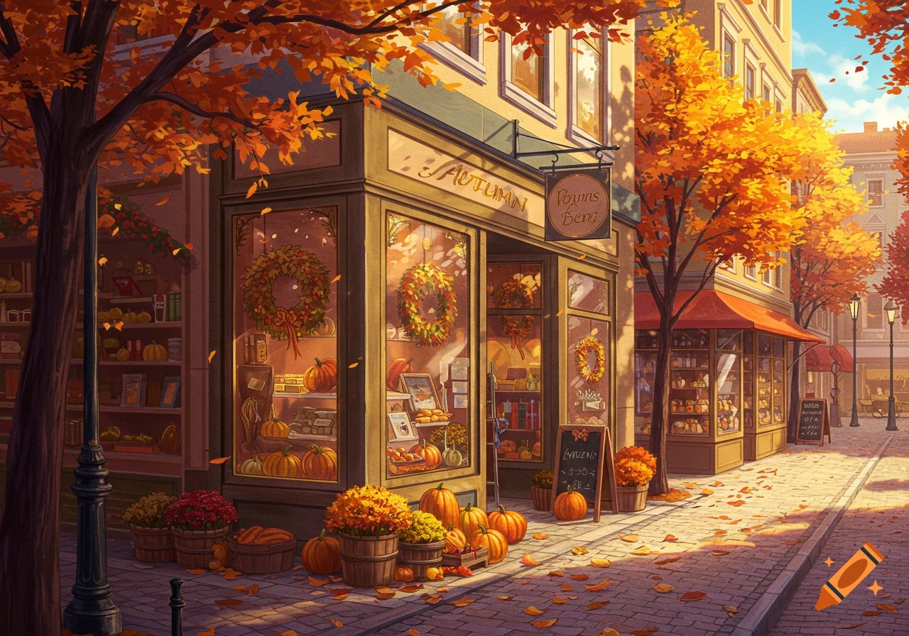 A cozy autumn street scene with a storefront adorned with fall decorations and pumpkins, vibrant orange and yellow trees, and fallen leaves.