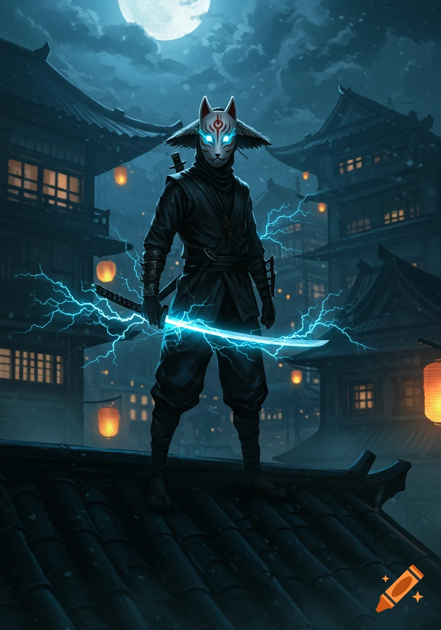A ninja with a kitsune mask and glowing eyes stands on a rooftop at night, holding a blue lightning sword, in a Japanese town.