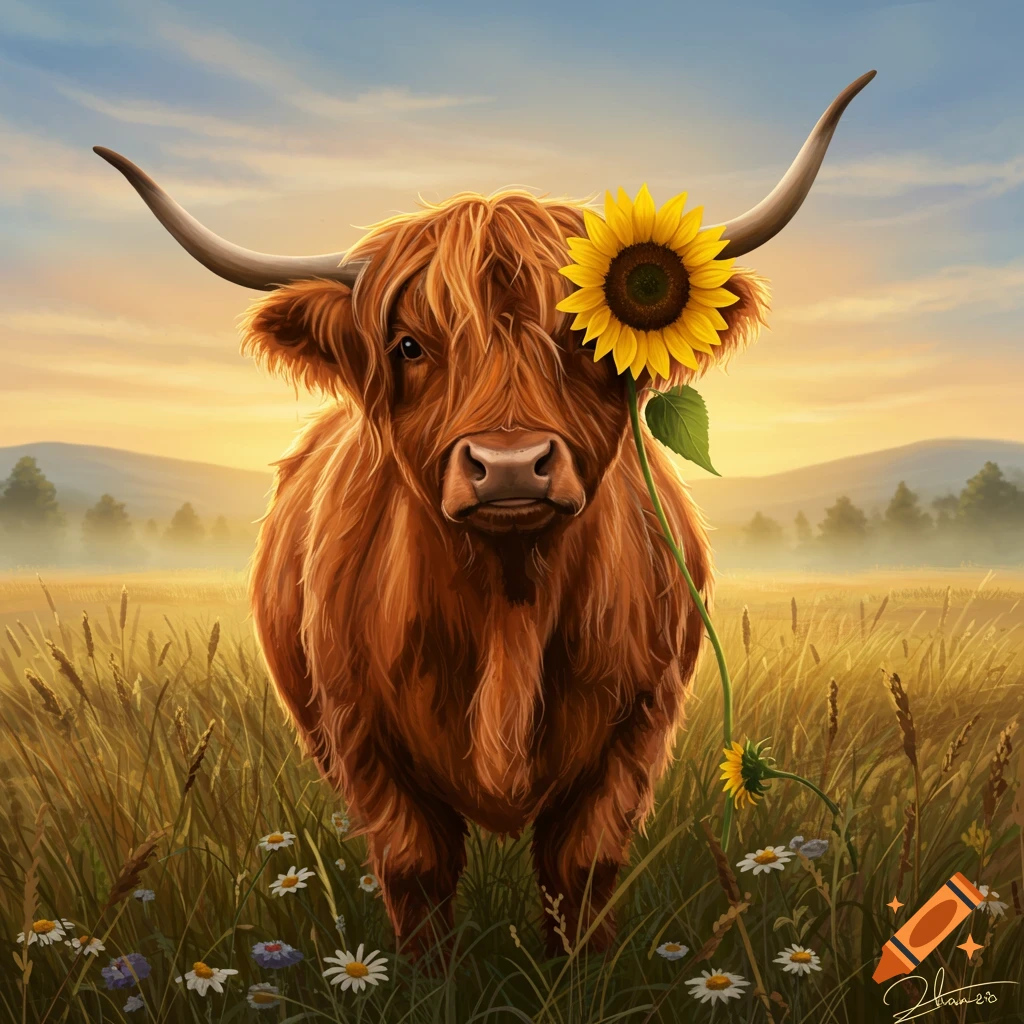 A fluffy brown Highland cow with long horns stands in a sunny field, a large sunflower covering one eye.