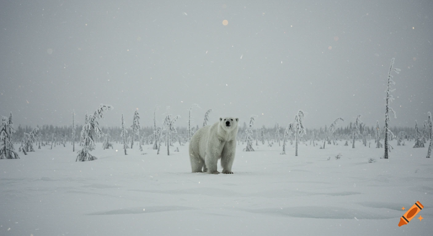 A polar bear stands alone in a vast, snowy tundra with scattered snow-laden trees, under a gray sky with falling snow, captured in a grainy, cool-toned photograph.