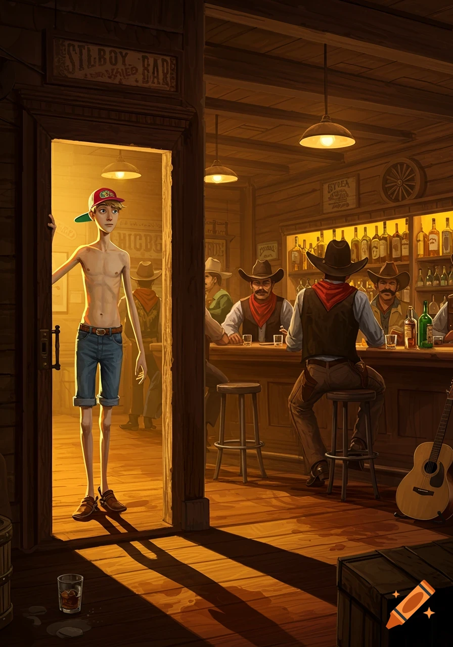 A thin, young man in shorts and a cap stands in the doorway of a dimly lit cartoon cowboy bar, looking at rough men seated at the bar.