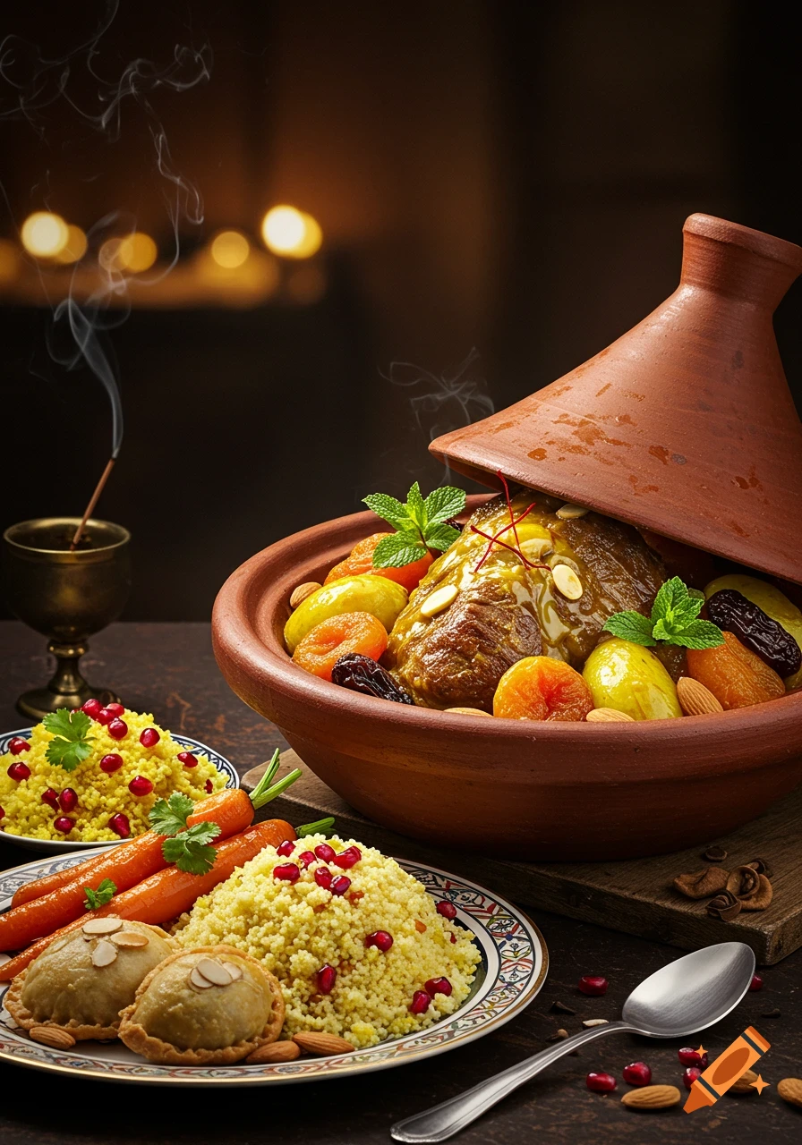 A vibrant Moroccan lamb tagine with dried fruits, served with couscous, pomegranate, carrots, and pastries on a rustic table.