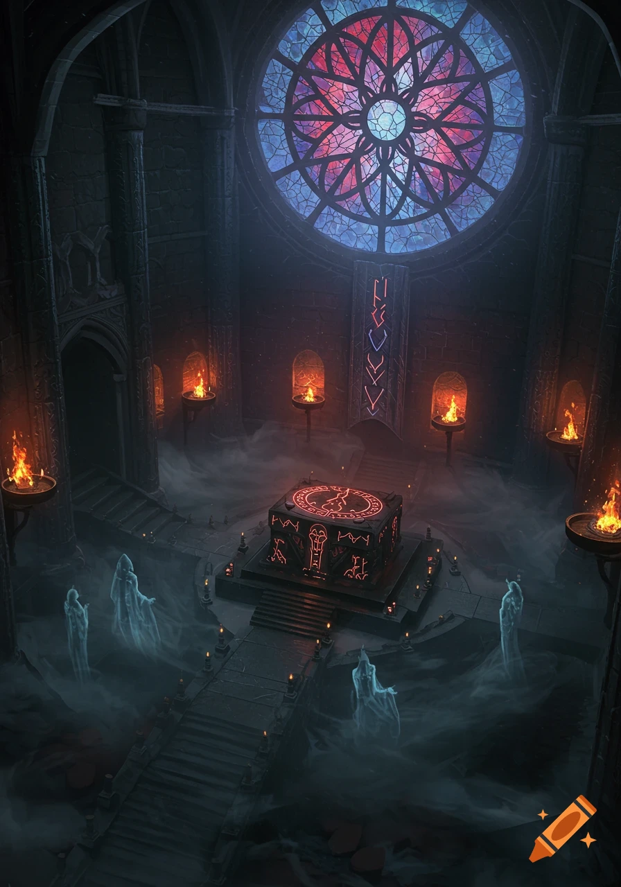 An ornate, dark gothic chamber with a large stained-glass rose window, glowing runes on a central altar, and ghostly figures rising from mist.