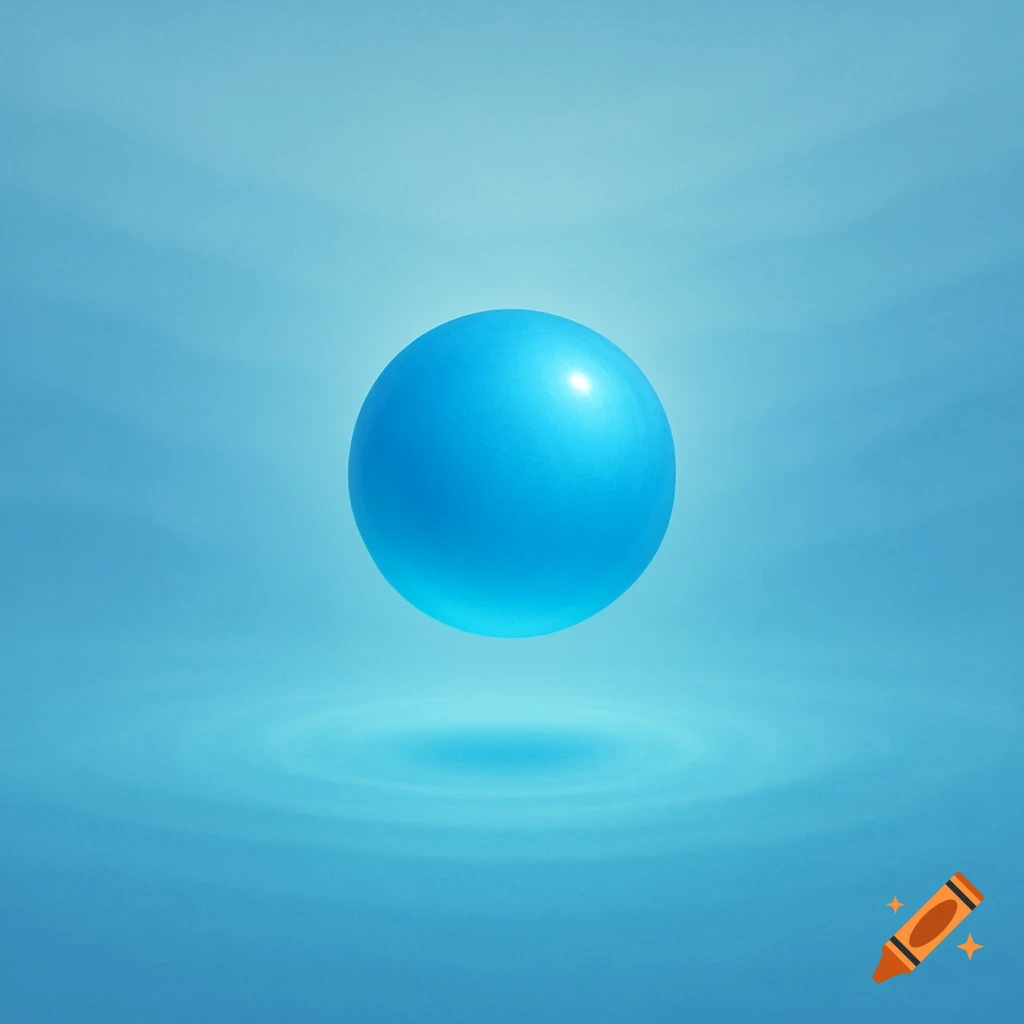 A vibrant blue sphere hovers above a light blue rippled surface in a minimalist abstract setting.