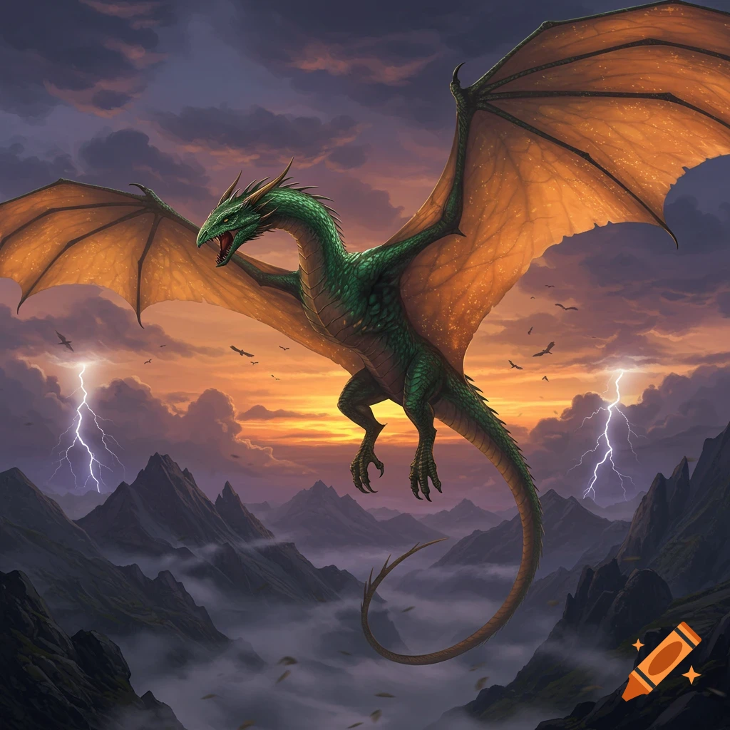 A majestic green wyvern with expansive orange wings soars over a dark, misty mountain range with lightning in a stormy sunset sky.
