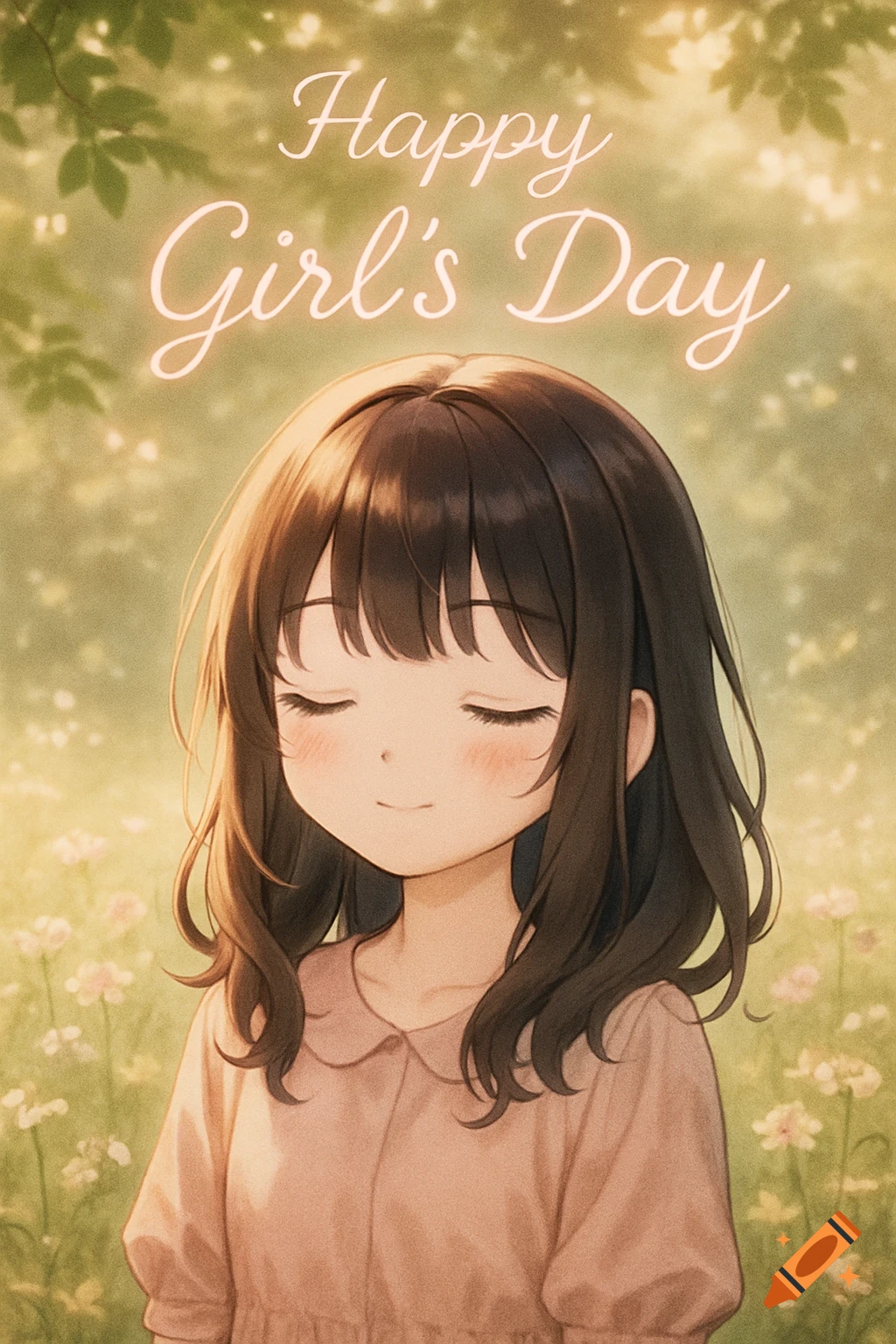 Cute anime girl with brown hair and bangs, eyes closed smiling, wearing a pink shirt in a field, with 'Happy Girl's Day' text.