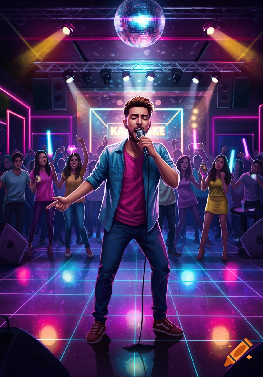 A vibrant digital illustration of a man singing karaoke on a stage with a disco ball, neon lights, and a cheering crowd.