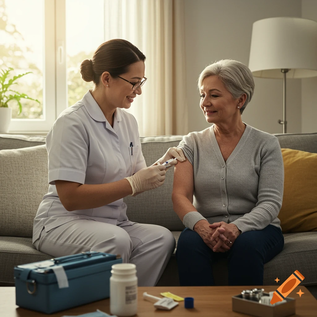 A smiling nurse gives an injection to an elderly woman sitting on a sofa in a warm, cozy home setting, photorealistic.