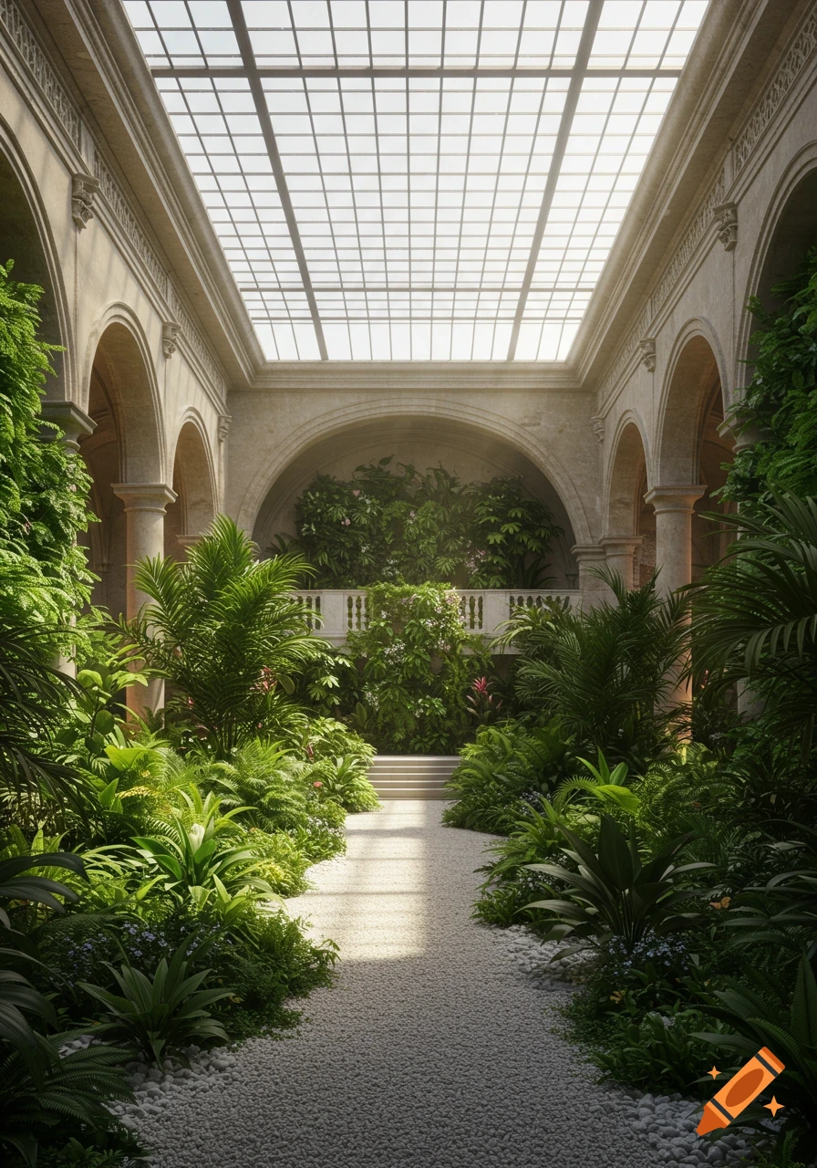 A grand, photorealistic botanical garden inside an ornate hall with arched walls, a mezzanine, a glass roof, and a gravel path.
