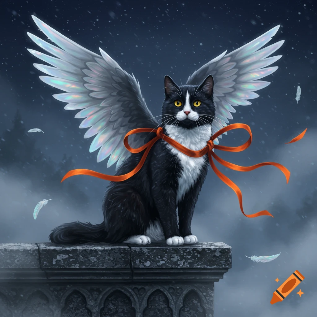 A black and white cat with iridescent wings and an orange ribbon sits on a stone wall, with snowflakes falling against a dark sky. Digital illustration.