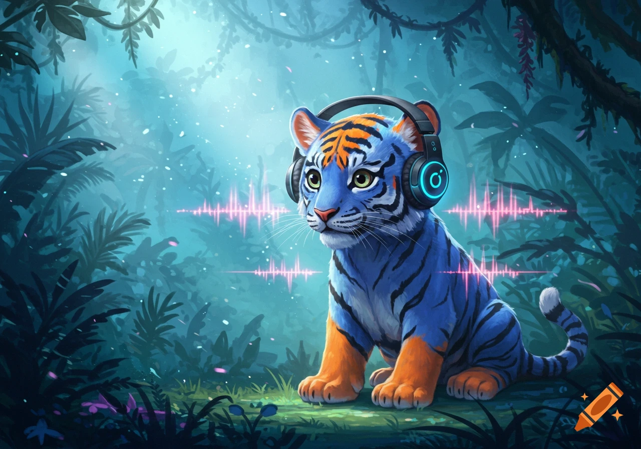 A stylized blue baby tiger with orange stripes sits in a vibrant jungle, wearing glowing headphones with sound waves around it.