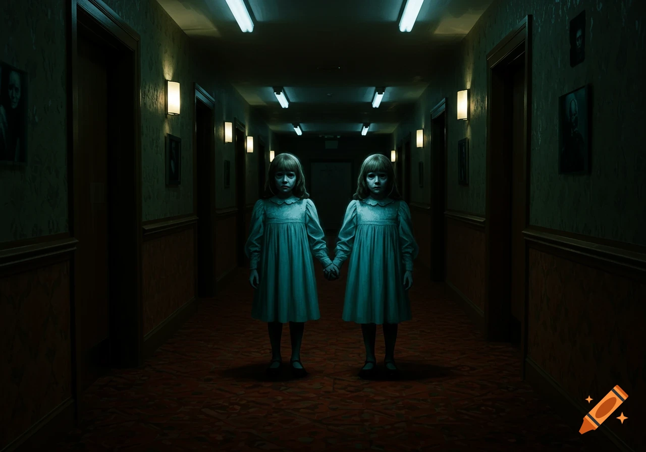 Two pale twin girls in light blue dresses hold hands in a dark, ominous hotel hallway, staring forward.
