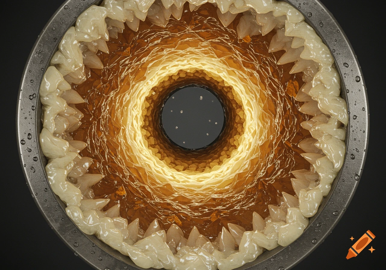 Overhead view of a circular pipeline interior filled with glowing amber wax deposits and translucent, tooth-like forms.