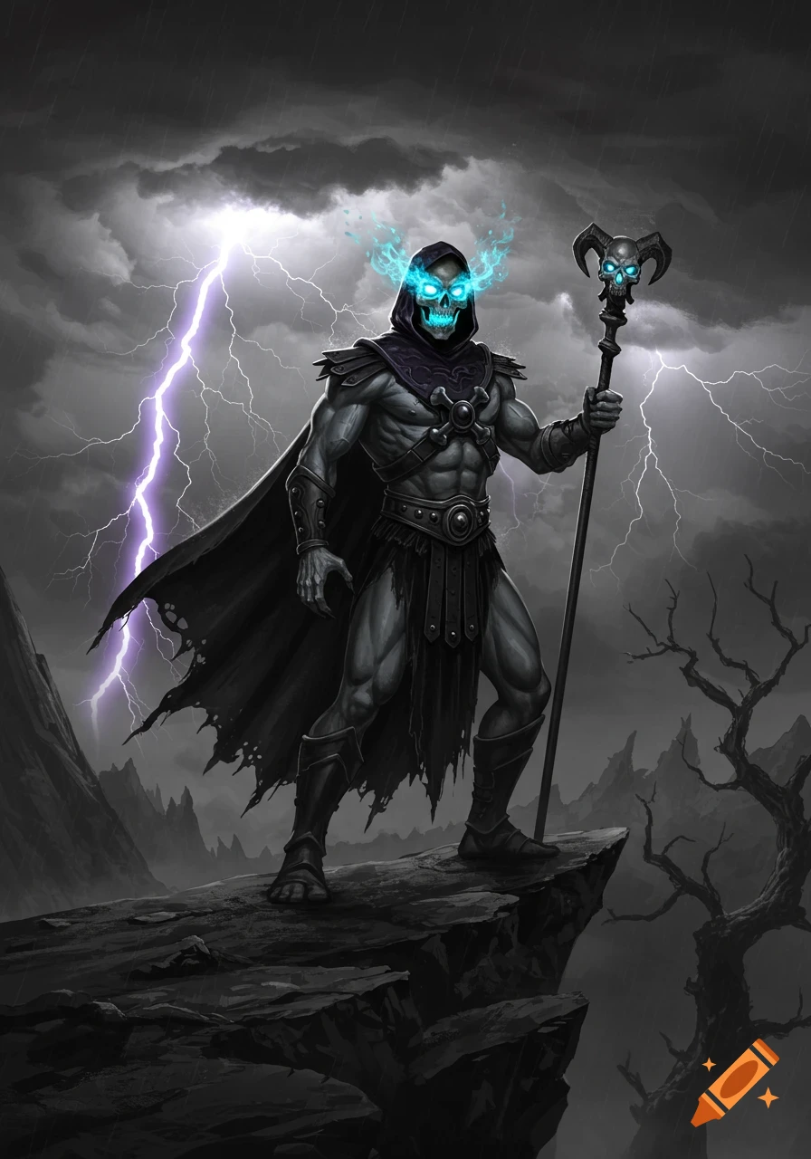 A powerful, grey-skinned, cloaked skeletal figure with glowing blue eyes stands on a cliff holding a horned staff, under a stormy sky with lightning.