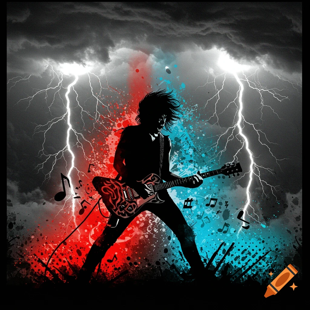 Silhouette of a rock guitarist in a dynamic pose amidst red and blue paint splatters and lightning bolts against a dark sky, in a graphic novel style.