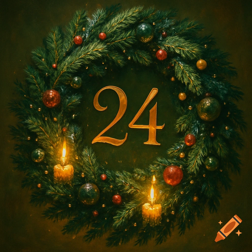 A festive Christmas wreath made of green pine branches adorned with red, green, and gold ornaments, and two lit candles. The golden number '24' is in the center.