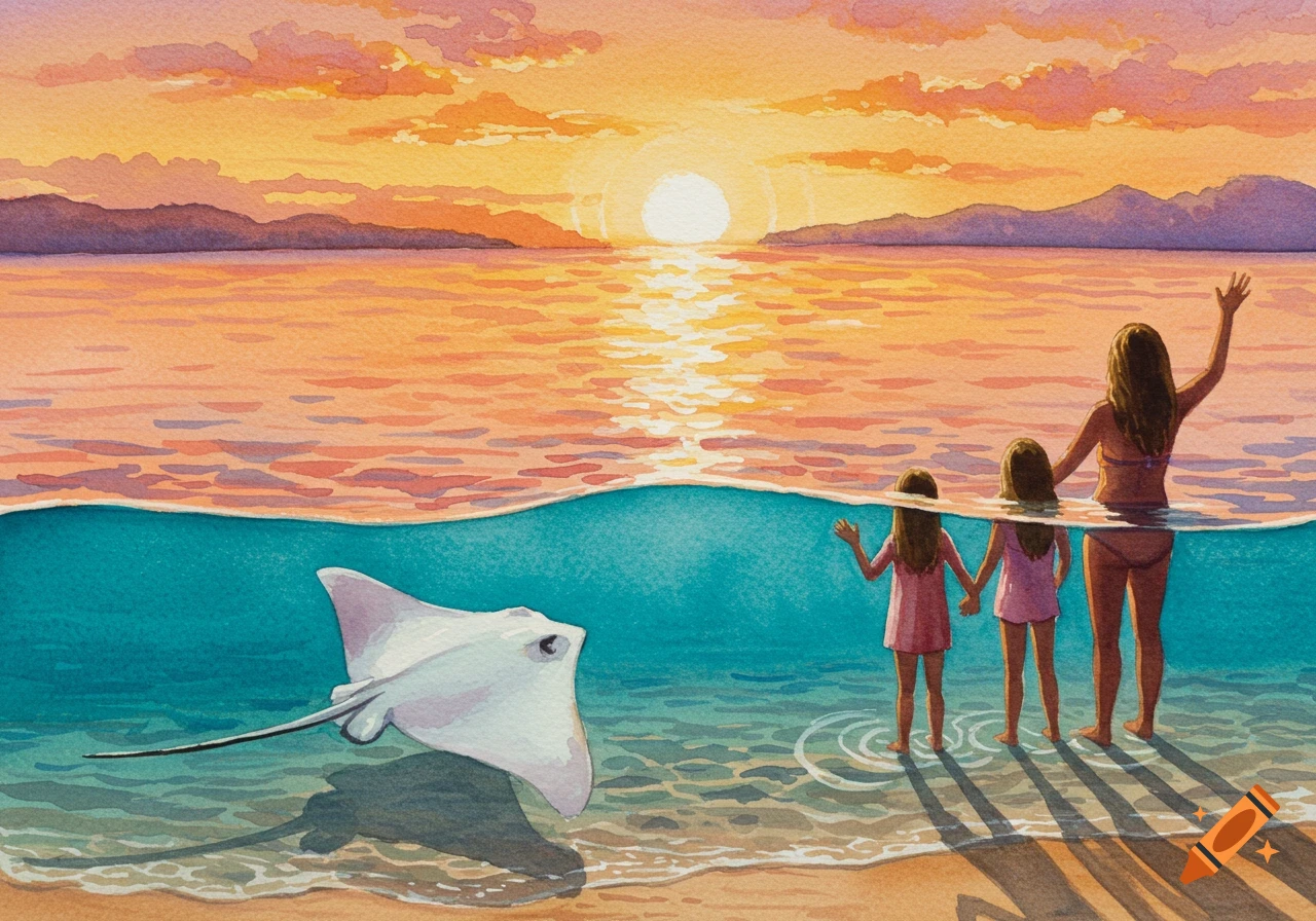 Watercolor painting of a mother and two girls on a beach at sunset, waving at a stingray swimming in clear water.