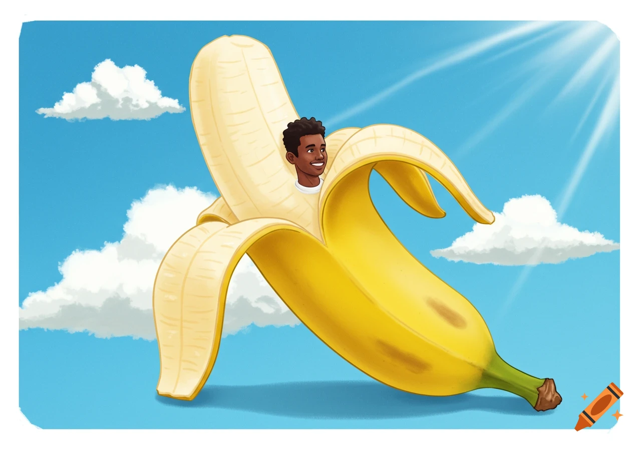 A smiling Black man's head peeking out of a large peeled banana, against a blue sky with white clouds in a cartoon style.